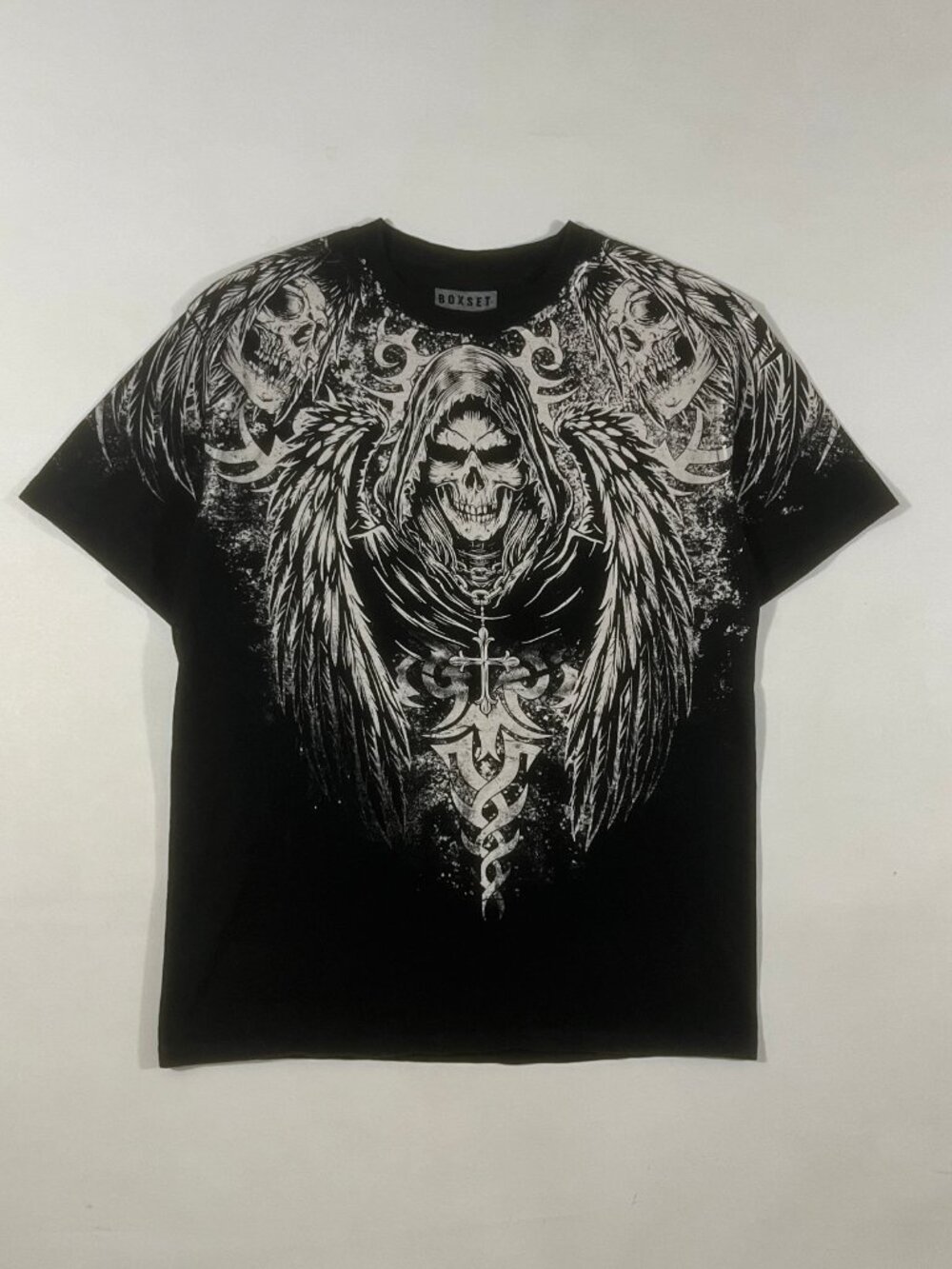 Boxset Y2K Grim Reaper Angel Wings Skull All Over Print Gothic Tee Medium